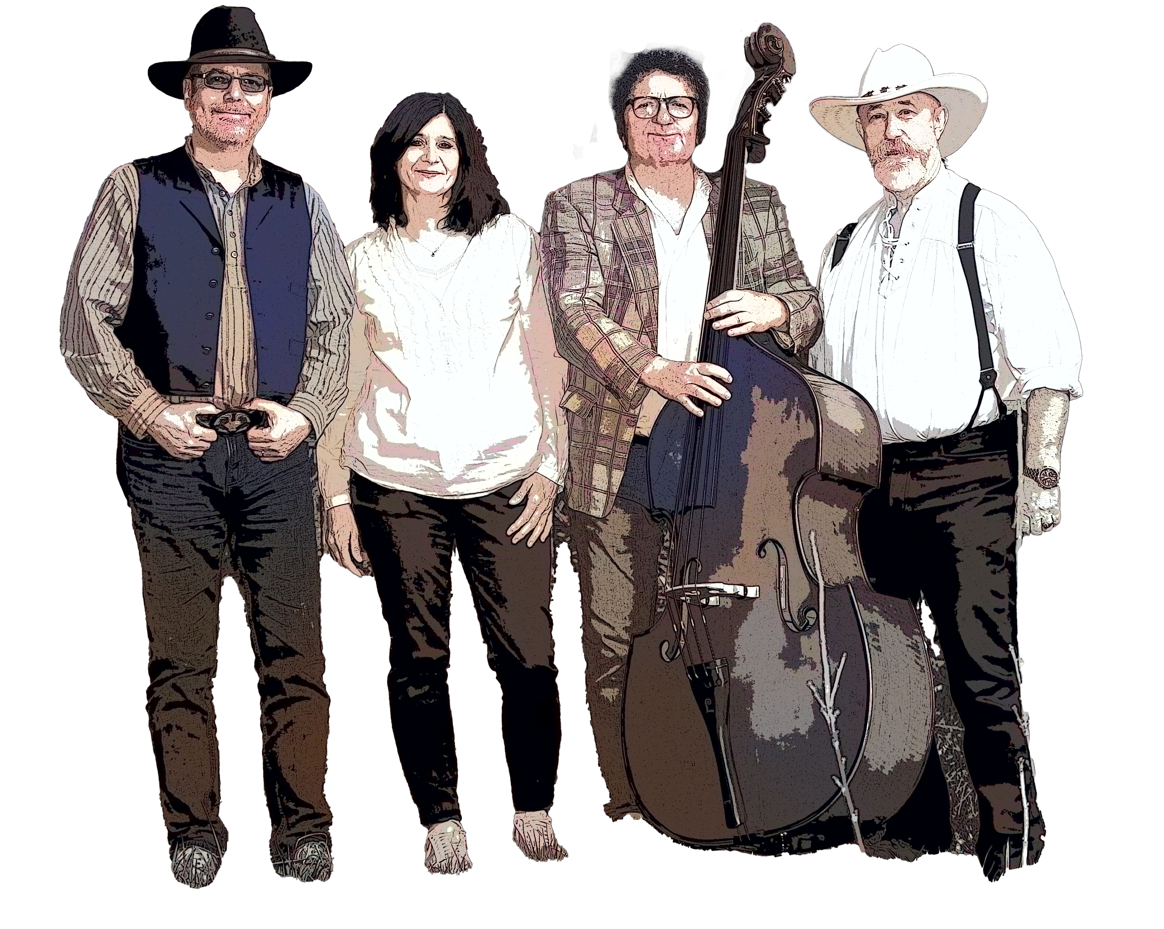 Die Band von links nach rechts: Rüdiger Horne (Banjo, Mandoline, Gesang); Claudia Nell (Fiddle); Thomas Schilling (Kontrabass); Gérard Moeres (Gitarre, Gesang)
